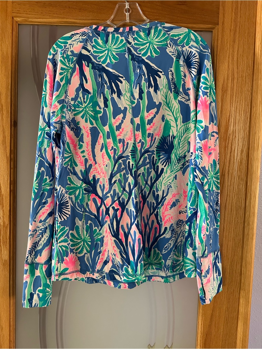 Lilly Pulitzer Long Sleeve Half-Zip Swim Top in Blue, Pink & Green Tropical - Picture 2 of 3
